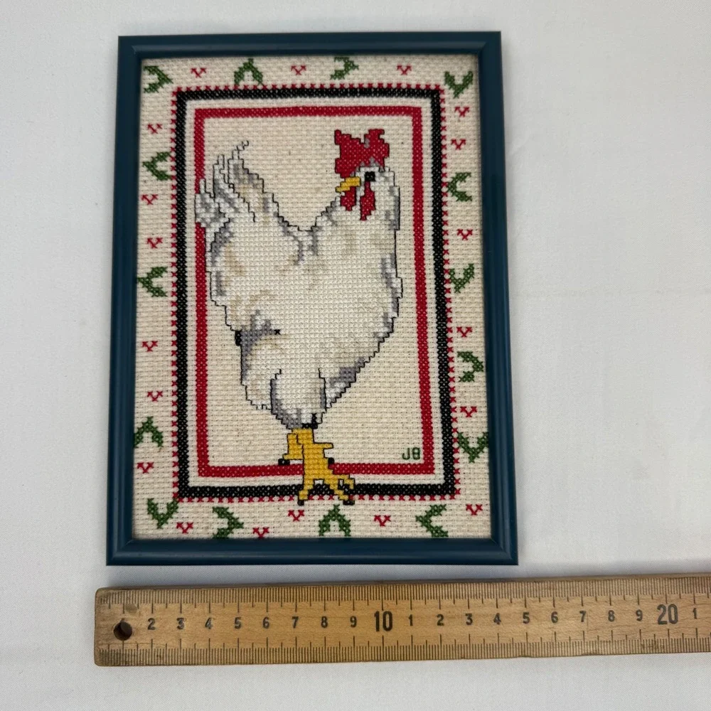 Vintage Handmade Framed Rooster Cross Stitch Needlepoint Farmhouse Decor JB